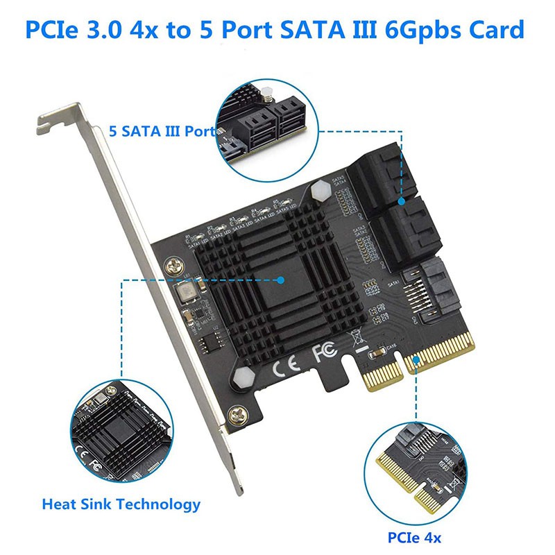 Card mở rộng 5 cổng PCIE sang SATA III 6 gbps 5 dây cáp cho máy tính