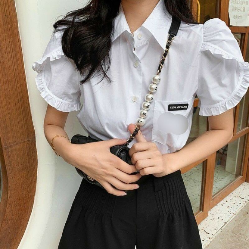 Áo sơ mi viền tay bèo phối sọc đỏ trắng  ( phôm 55kg trở lại đẹp) 🥰