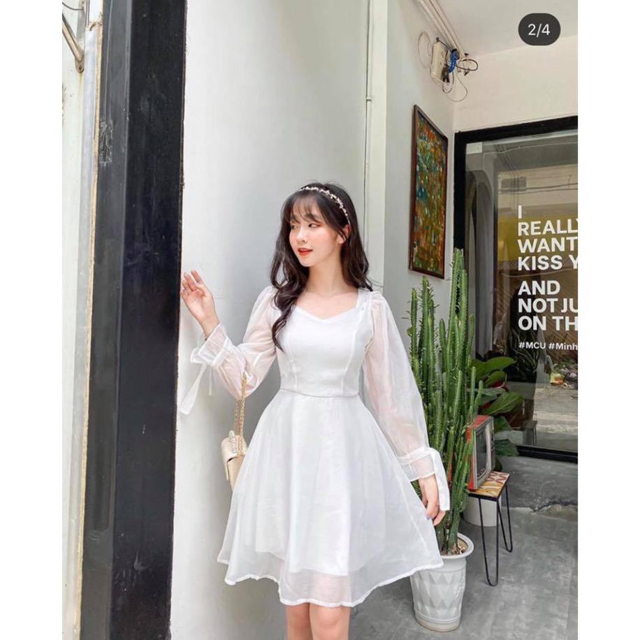 Váy Nữ, Đầm trắng dáng xòe cổ vuông phối nút bọc tay nơ | BigBuy360 - bigbuy360.vn