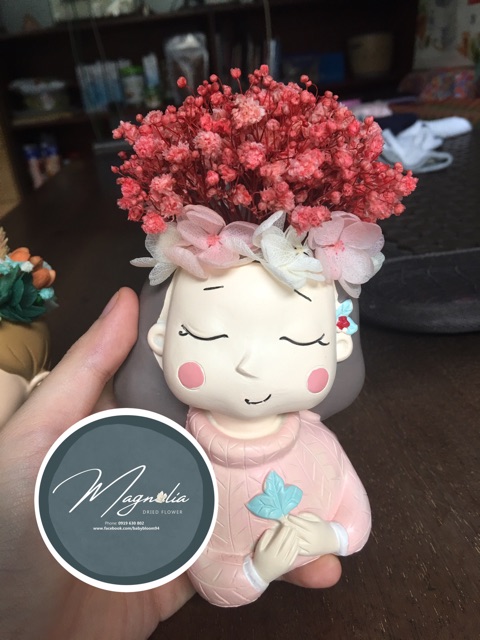 Lọ hoa baby tươi ướp vĩnh không tàn cửu phối cẩm tú cầu hình cô gái