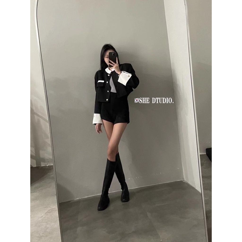 Áo Khoác Ngắn + Quần Short Lưng Cao Dáng Ôm Thời Trang Thu Đông Hàn Quốc Cho Nữ