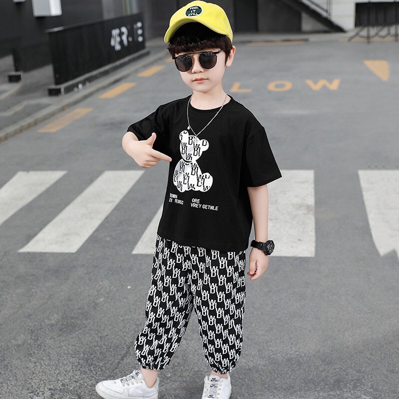 Bộ quần áo hè "GẤU XE " 14-45kg cho bé trai 4-14 tuổi. Co giãn, thấm hút mồ hôi. G3