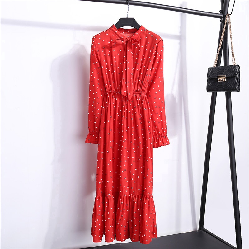 📣Tuyệt vời❤Đầm Chiffon Tay Dài In Hoa Phối Nơ Phong Cách Hàn Quốc Thời Trang Hàng Mới Dành Cho Bạn Gái
