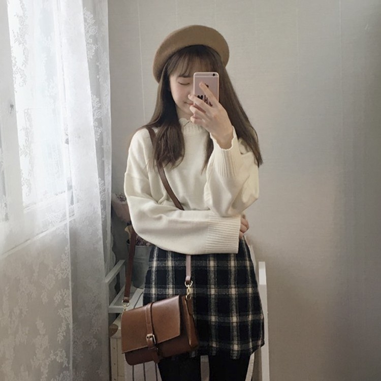 Áo Sweater Dệt Kim Tay Dài Dáng Rộng Cổ Cánh Hoa Kiểu Hàn Quốc Thời Trang Mùa Thu Cho Nữ