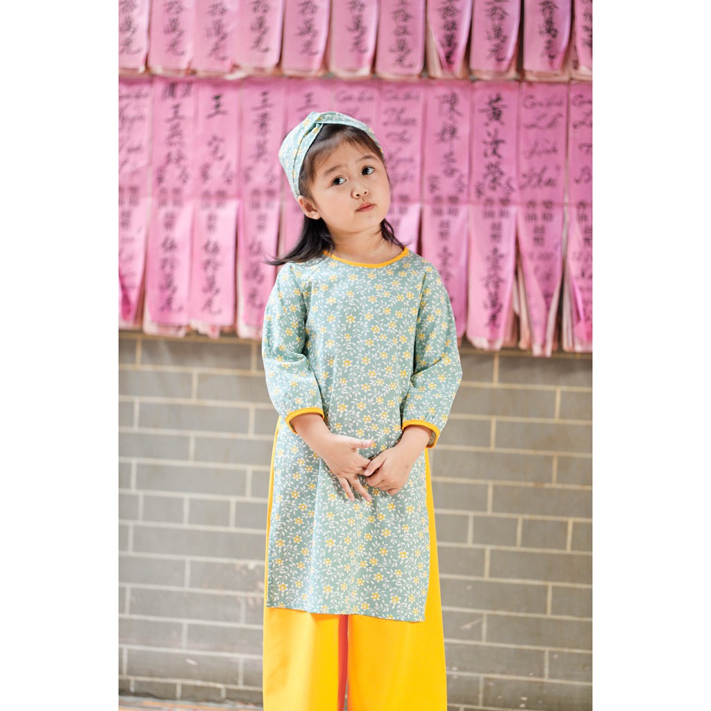 Set áo dài cho bé gái BYZU kiểu áo dài cách tân hoa nhí, chất liệu Linen màu xanh cực yêu
