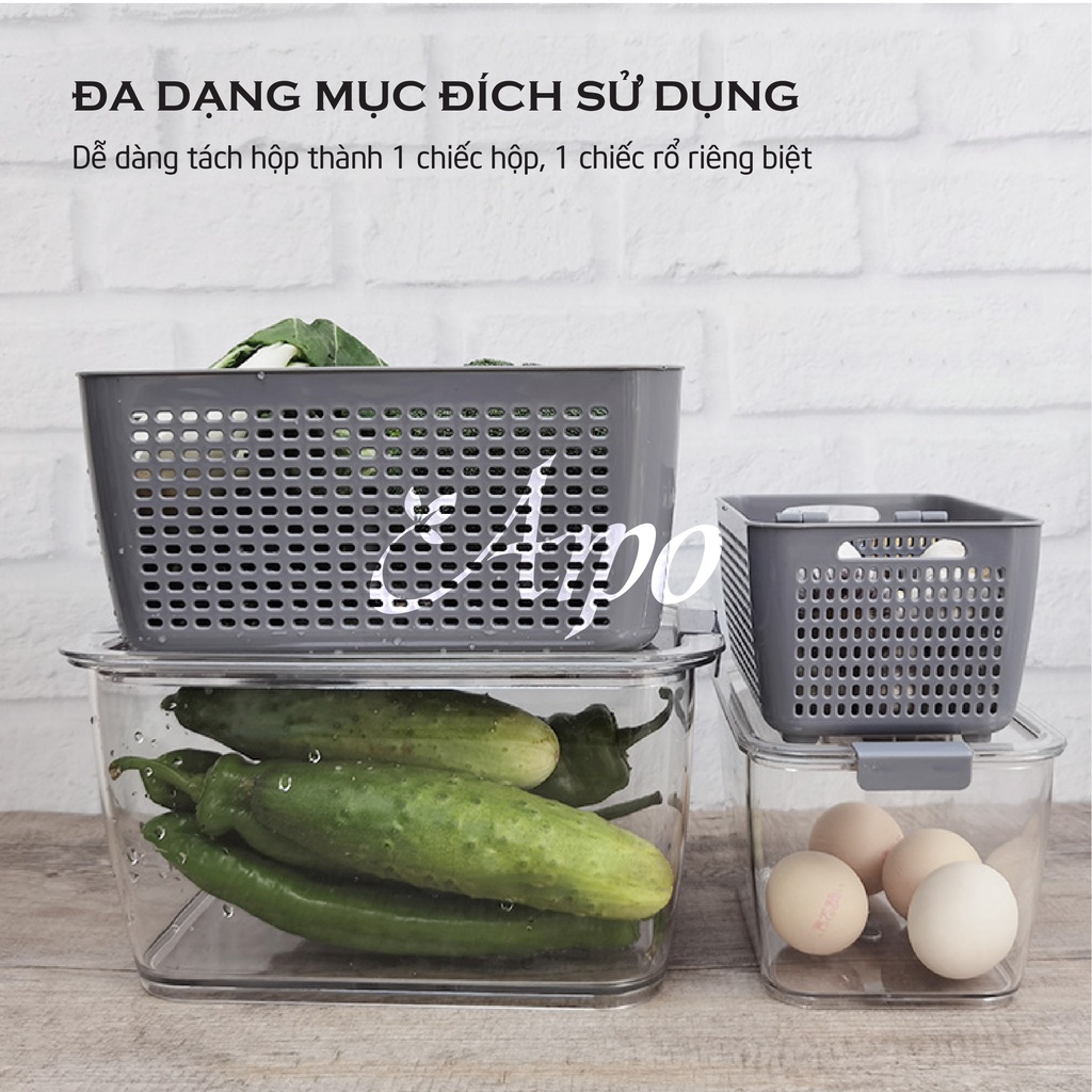 Hộp Nhựa Đựng Đồ Ăn Tủ Lạnh SHIMOYAMA Trong Suốt, Có Lỗ Thoáng Khí, 2 Ngăn Đựng Trong Hộp, Dung Tích 1.7 Lít