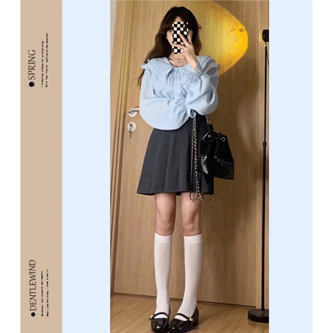 Áo sơ mi XIAOZHAINV dài tay dáng rộng màu xanh dương phong cách Pháp thời trang cho nữ