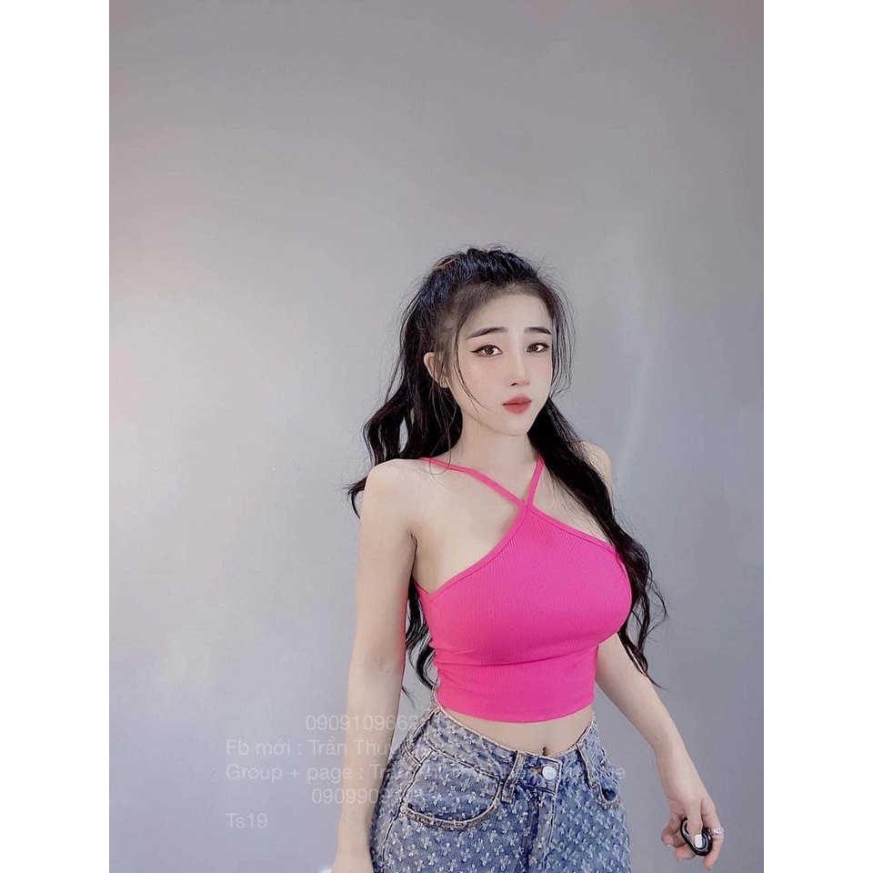 Áo croptop cổ yếm 2 dây mảnh,Áo yếm 2 dây nữ gân tăm hở lưng co giãn nữ dễ thương phong cách hàn quốc