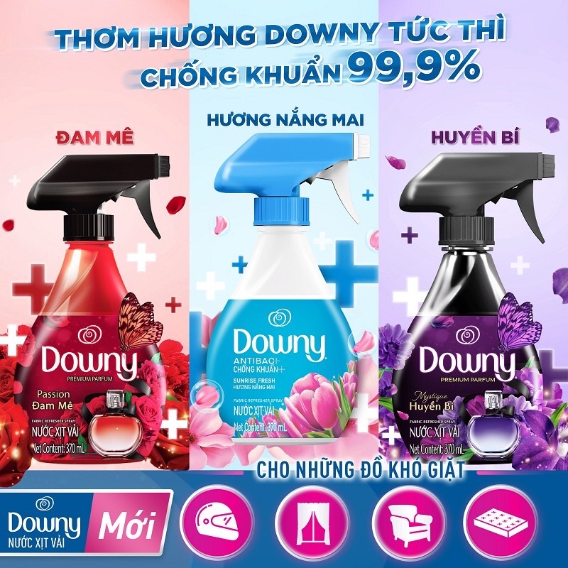 [ DOWNY ]Xịt Vải Downy khử mùi chống khuẩn 99,9% chai 370ml Hương ban mai/ Đam mê / Huyền Bí