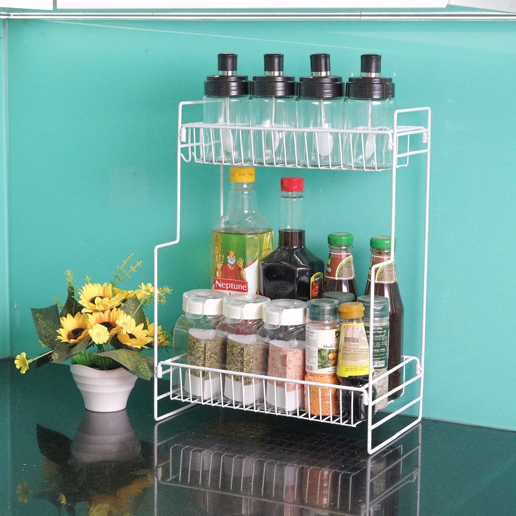 Kệ gia vị 2 tầng để đồ dùng nhà bếp, có móc treo cài sườn tiện lợi, giá sốc khuyến mãi