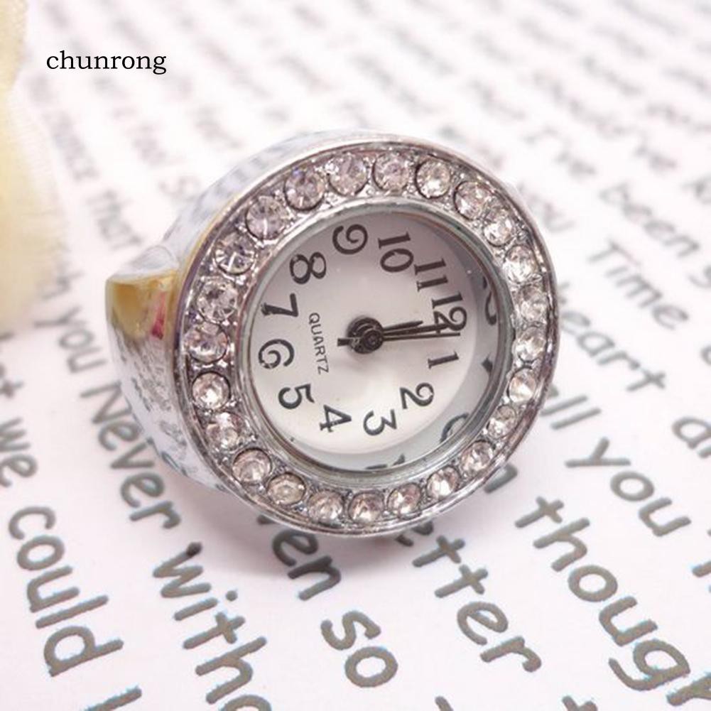 CHU_Fashion Lady Round Case Shiny Rhinestone Alloy Quartz Finger Stretch Ring Watch