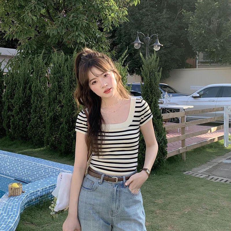 Áo thun dệt kim IELGY ngắn tay kẻ sọc thời trang cho nữ