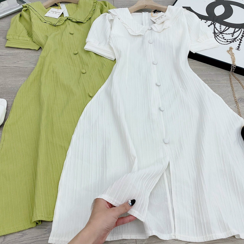 [8.8 Sales Freeship] Đầm tiểu thư cổ bèo tay búp xẻ tà, đầm maxi dáng dài phối nút cổ sen vintage xinh đẹp