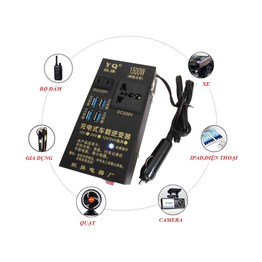 Bộ chuyển đổi thông minh biến tần tăng áp 12V24V sang 220V 1500W cho xe tải ,xe hơi,nhà,điện thoại di động