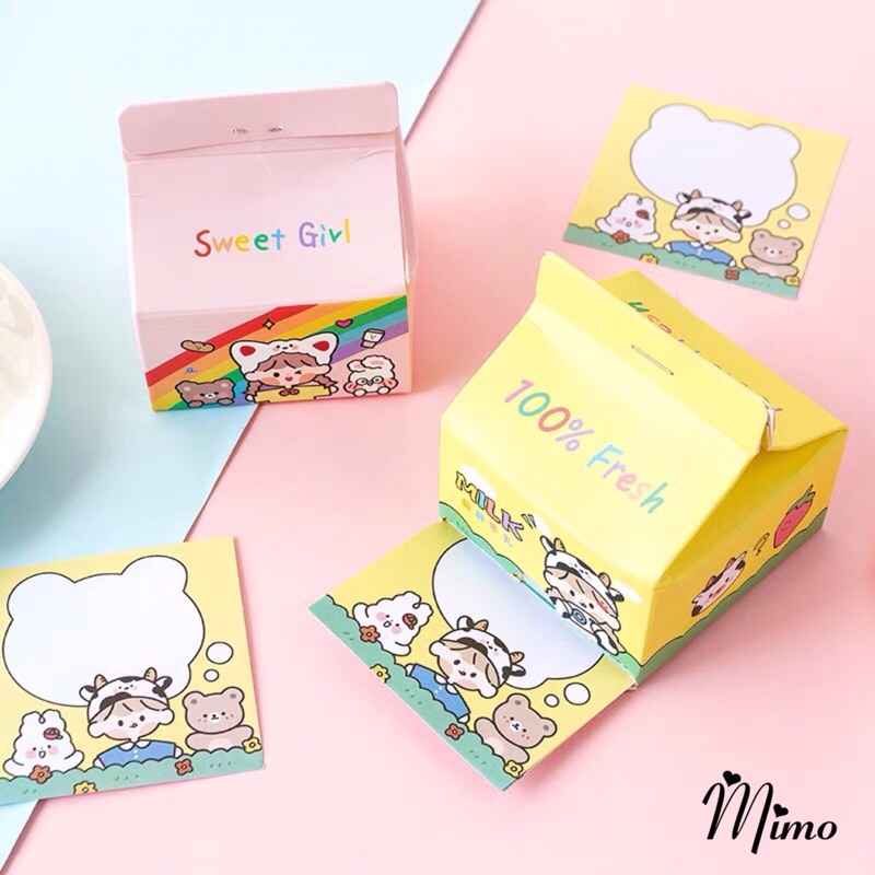 Hộp giấy note ghi chú cute, giấy ghi chú hộp sữa dạng rút 100 tờ kích thước 5*5cm