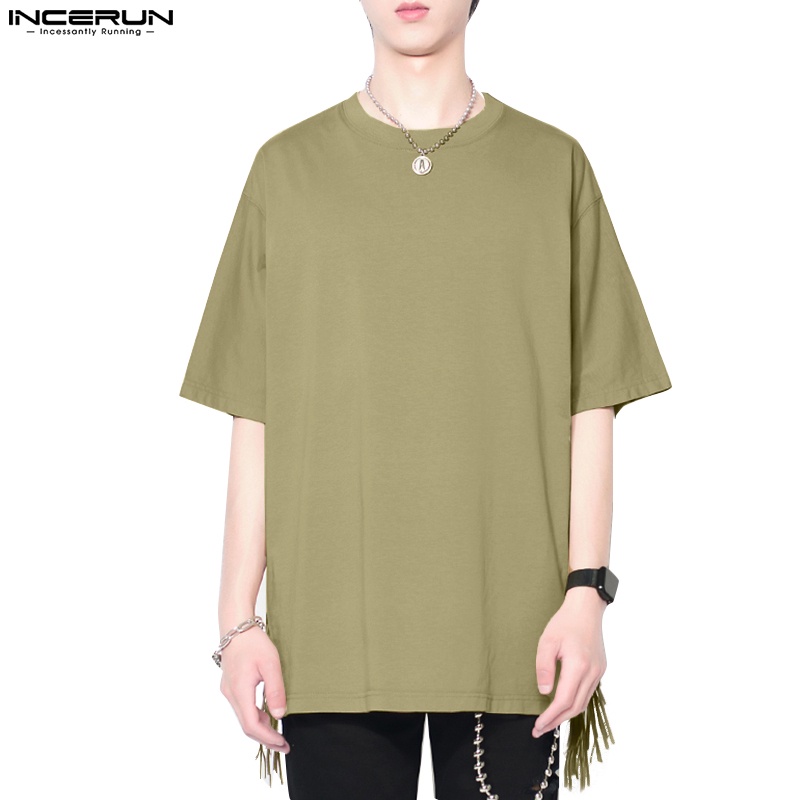 Áo thun tay ngắn INCERUN dáng rộng màu trơn phối tua rua thiết kế thời trang đơn giản cho nam