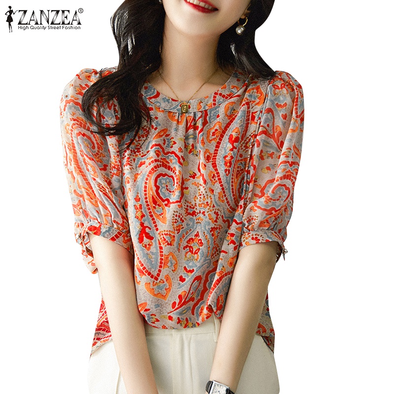 Áo kiểu ZANZEA tay lửng cổ tròn in họa tiết hoa phong cách Hàn Quốc cho nữ
