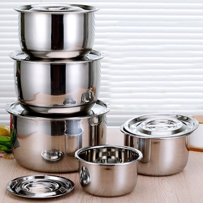 Bộ 5 Thau Sâu-Chậu Inox Không Quai Có Nắp dùng được trên bếp từ ❖NẮP INOX MY HOME❖