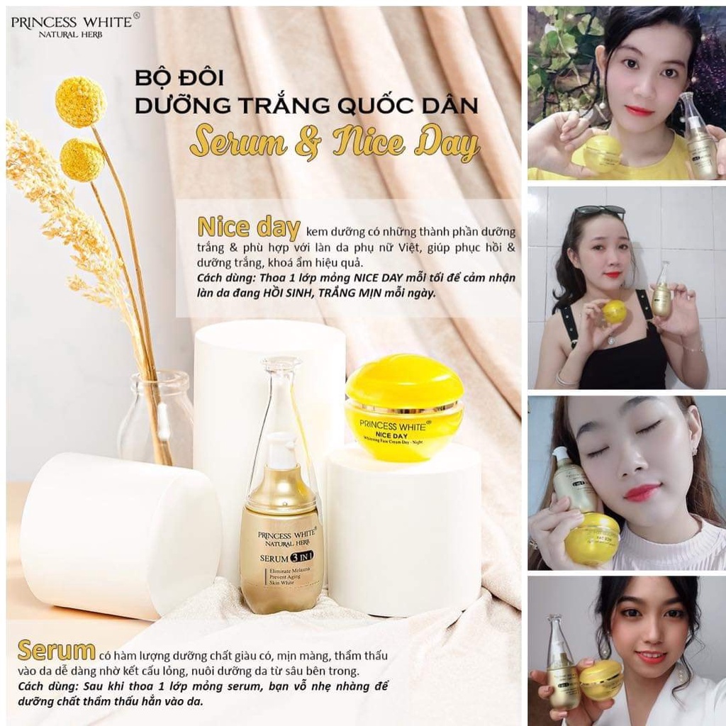 Combo Kem Dưỡng Trắng Nice Day 22gr Và Serum 3in1 Mờ Thâm 40ml Princess White HerSkin