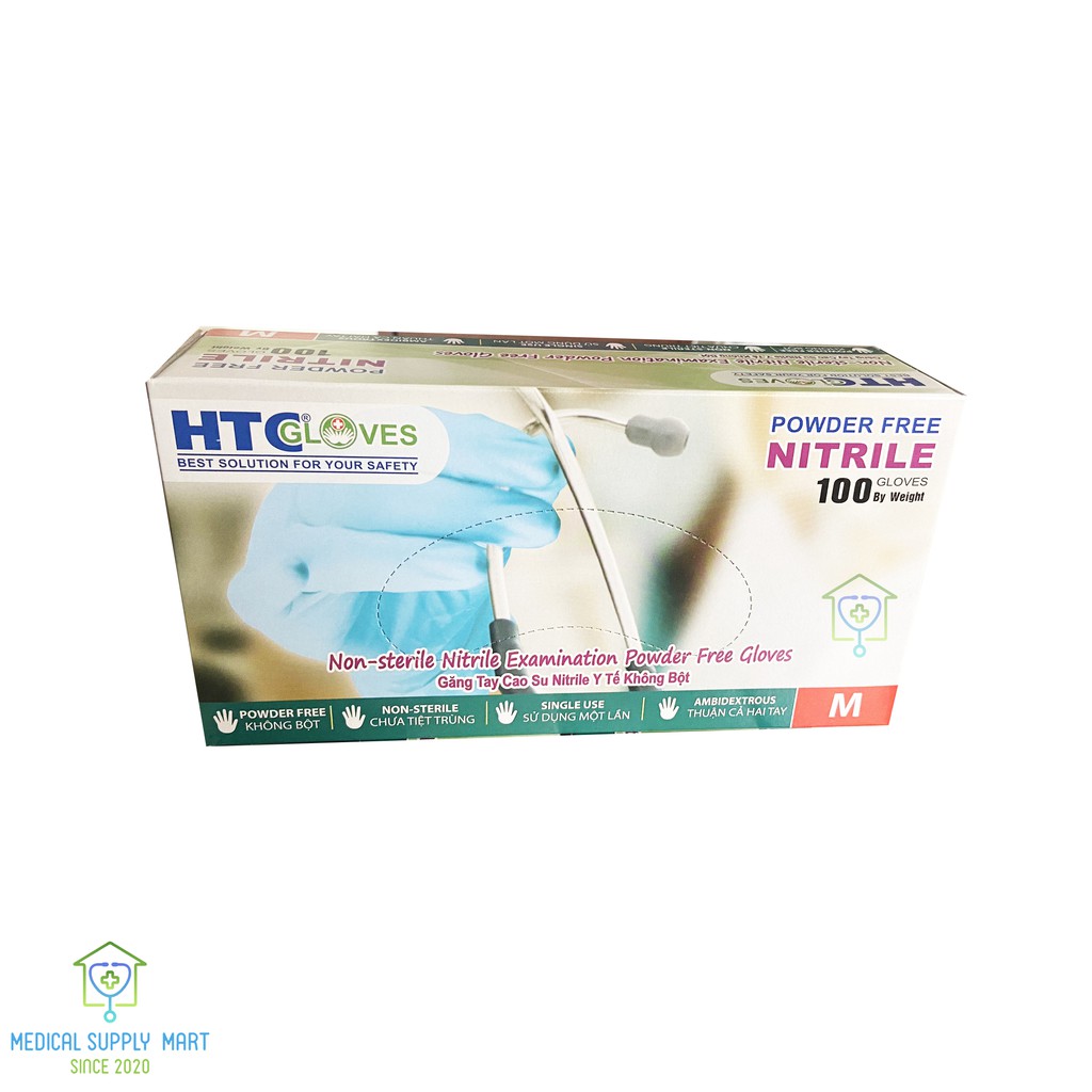 Găng Tay Cao Su Y Tế Cao cấp HTC Không Bột Nitrile – Màu Xanh Ngọc (TEAL BLUE) Đủ Size S M L / Hộp 100 Chiếc