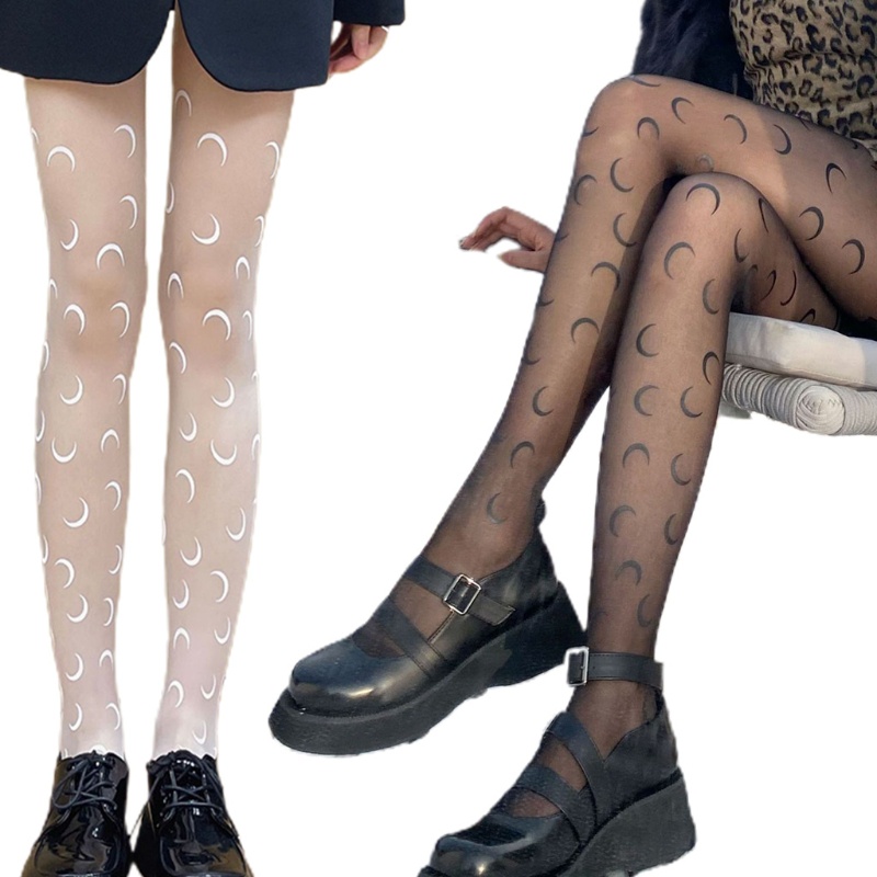 Youyo Quần Tất Mỏng Trong Suốt In Hình Trăng Lưỡi Liềm Phong Cách Harajuku Nhật Bản Punk Gothic Dành Cho Bạn Nữ Clubwe