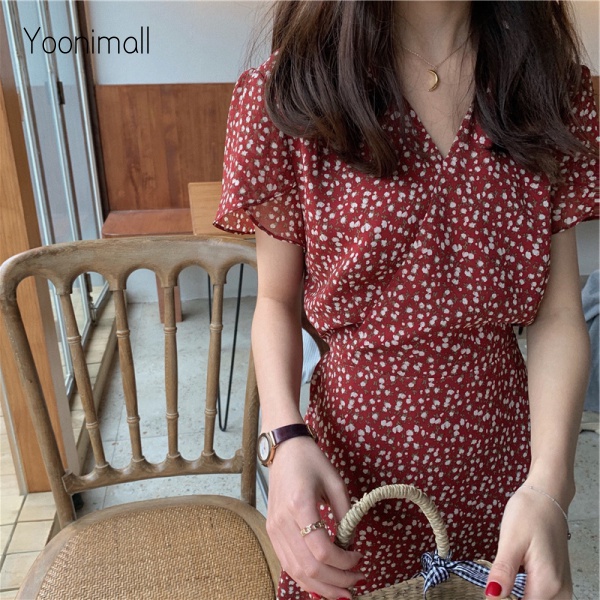 Đầm Chữ A Lưng Cao Cổ Chữ V In Họa Tiết Hoa Phong Cách Retro Hàn Quốc