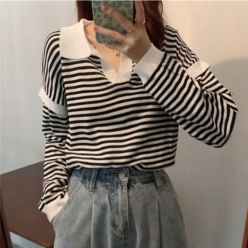 Áo sweater tay dài cổ chữ V kẻ sọc màu sắc tương phản thời trang mùa thu cho nữ