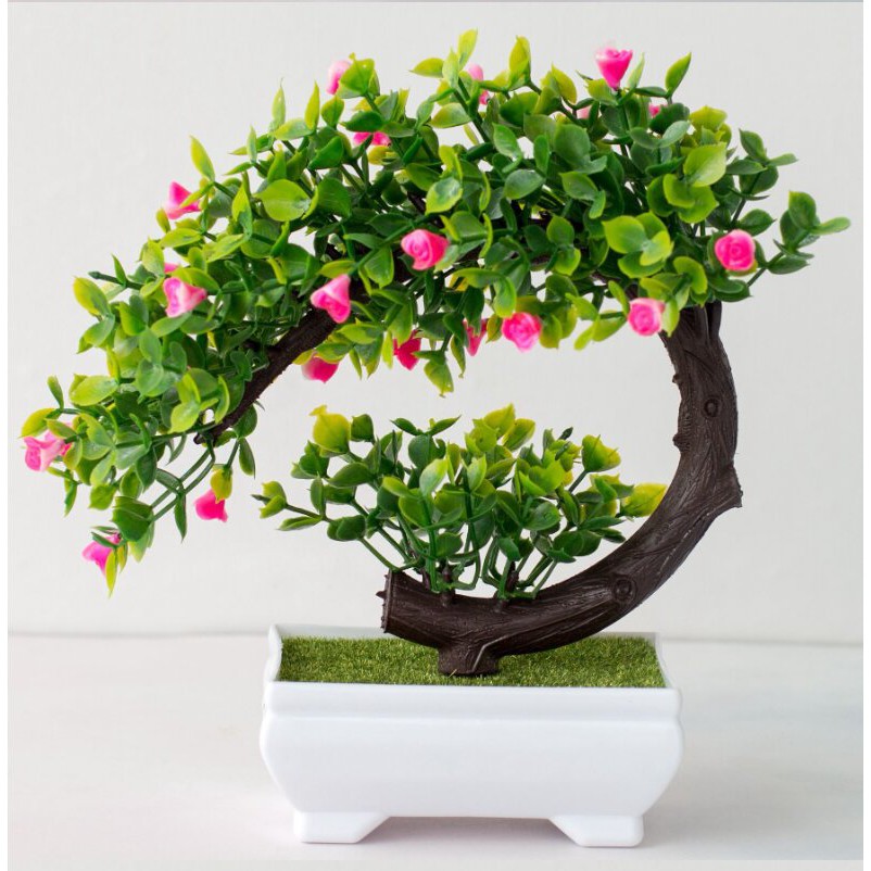 CÂY GIẢ BONSAI HOA RỰC RỠ kèm chậu- Chậu cây Phú Quý Cát Tường, trang trí, để bàn - Hoa giả