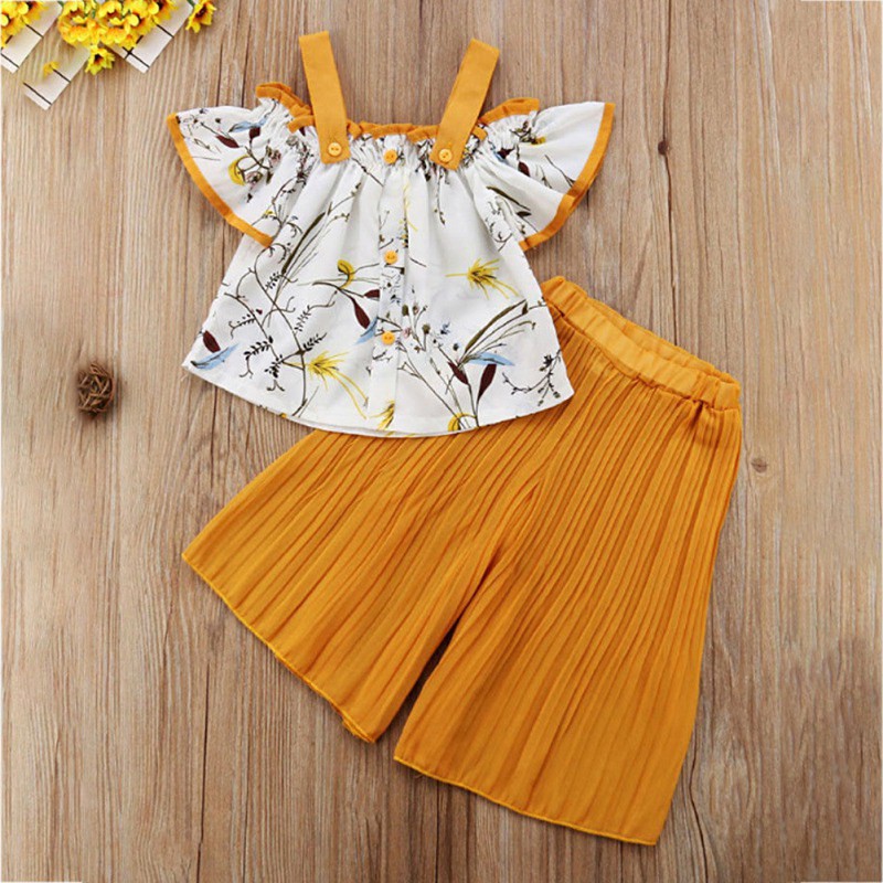 Set áo trễ vai + quần ống rộng họa tiết hoa cho bé gái