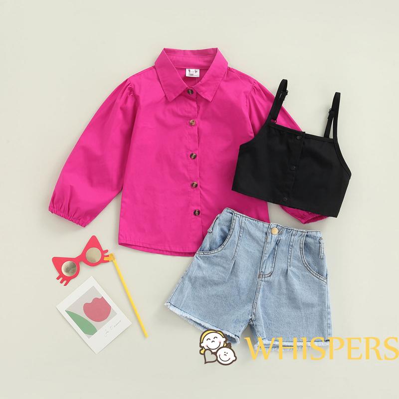 Set đồ 3 món áo sơ mi trơn + quần short denim lưng cao thời trang cho bé gái 1-6 tuổi
