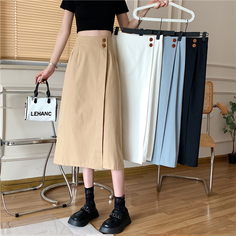 Chân váy Midi dài chữ A Lưng cao Công sở Thiết kế Hàn Quốc Váy dài cạp cao quấn băng chéo Thời trang