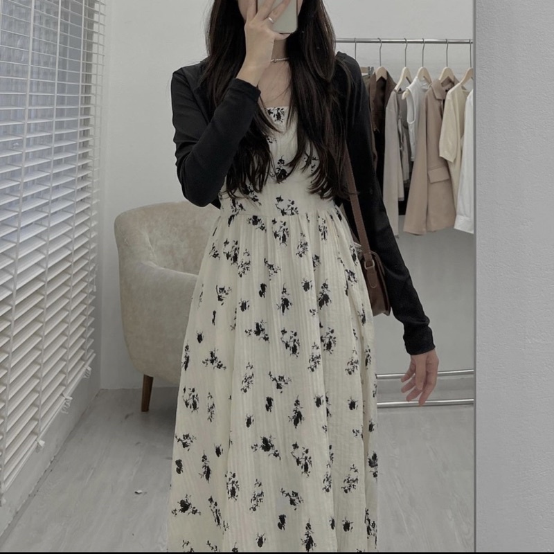 Set Váy 2 Dây Hoa Dáng Dài Kèm Áo Khoác Cadigan Đen Set Tiểu Thư Hoa