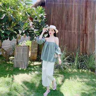 💝 Set nữ Áo Trễ Vai Tay Bồng Cúp Ngực + Quần Ống Rộng Trắng MT45