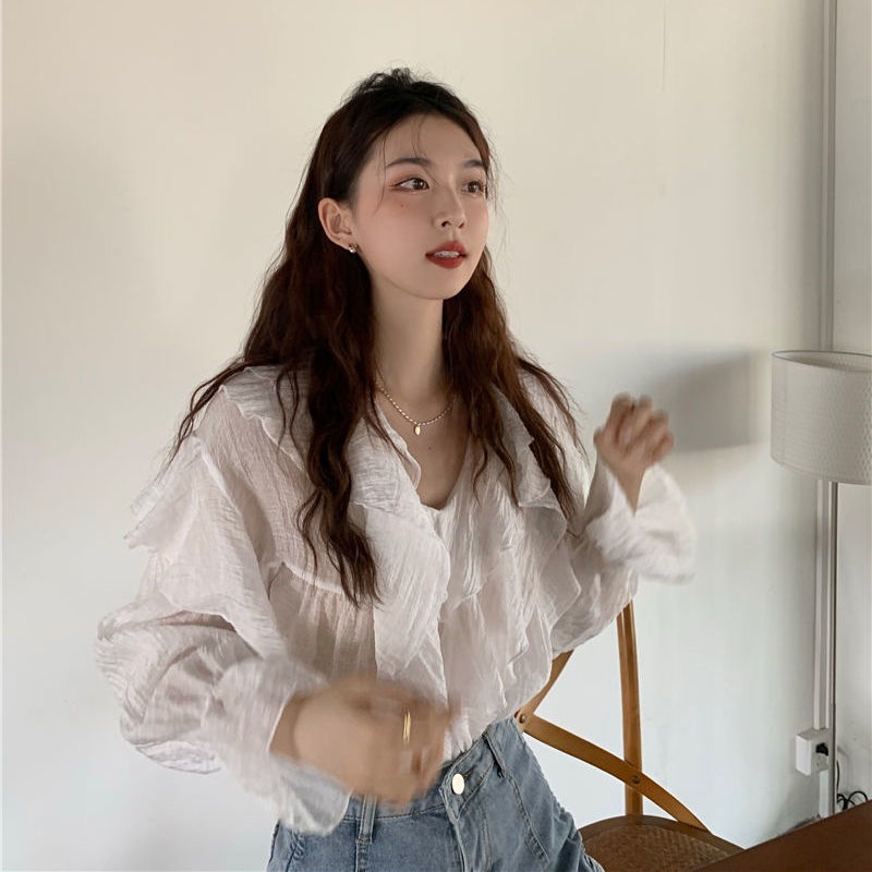 Áo Sơ Mi Chiffon Cổ V Tay Dài Phối Bèo Kiểu Retro Pháp Thời Trang 2022 Cho Nữ