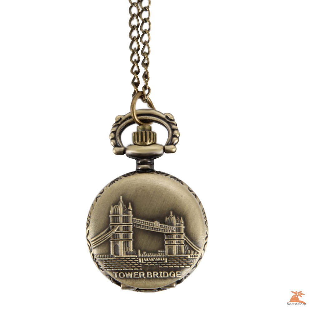 #Đồng hồ bỏ túi# Vintage Bridge Carved Round Quartz Fob Pocket Watch with Sweater Chain Necklace Gifts