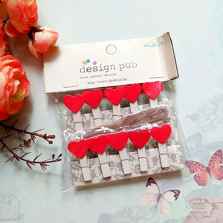 SET 10 Cái Kẹp Gỗ Sơn Design Pub hình Trái tim (Tặng dây cói)