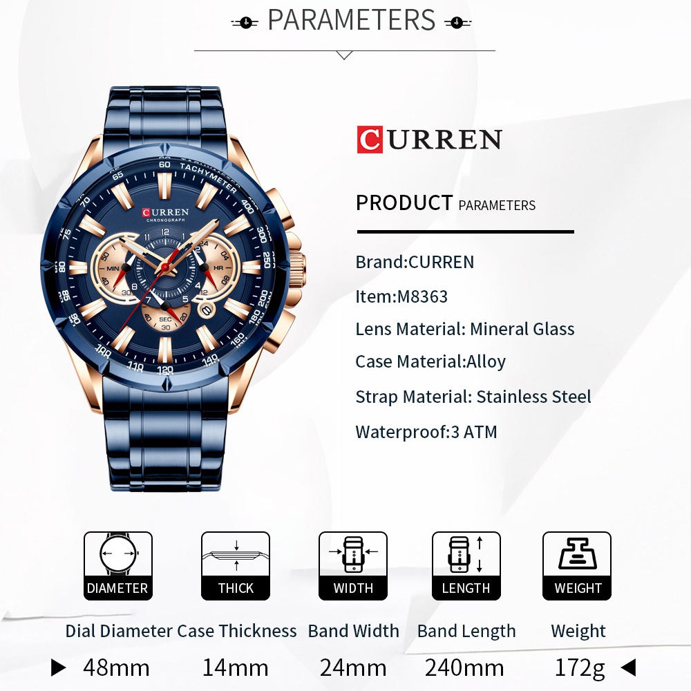 CURREN Men Stainless Steel Wristwatch Quartz Water resistant Luminous Watch