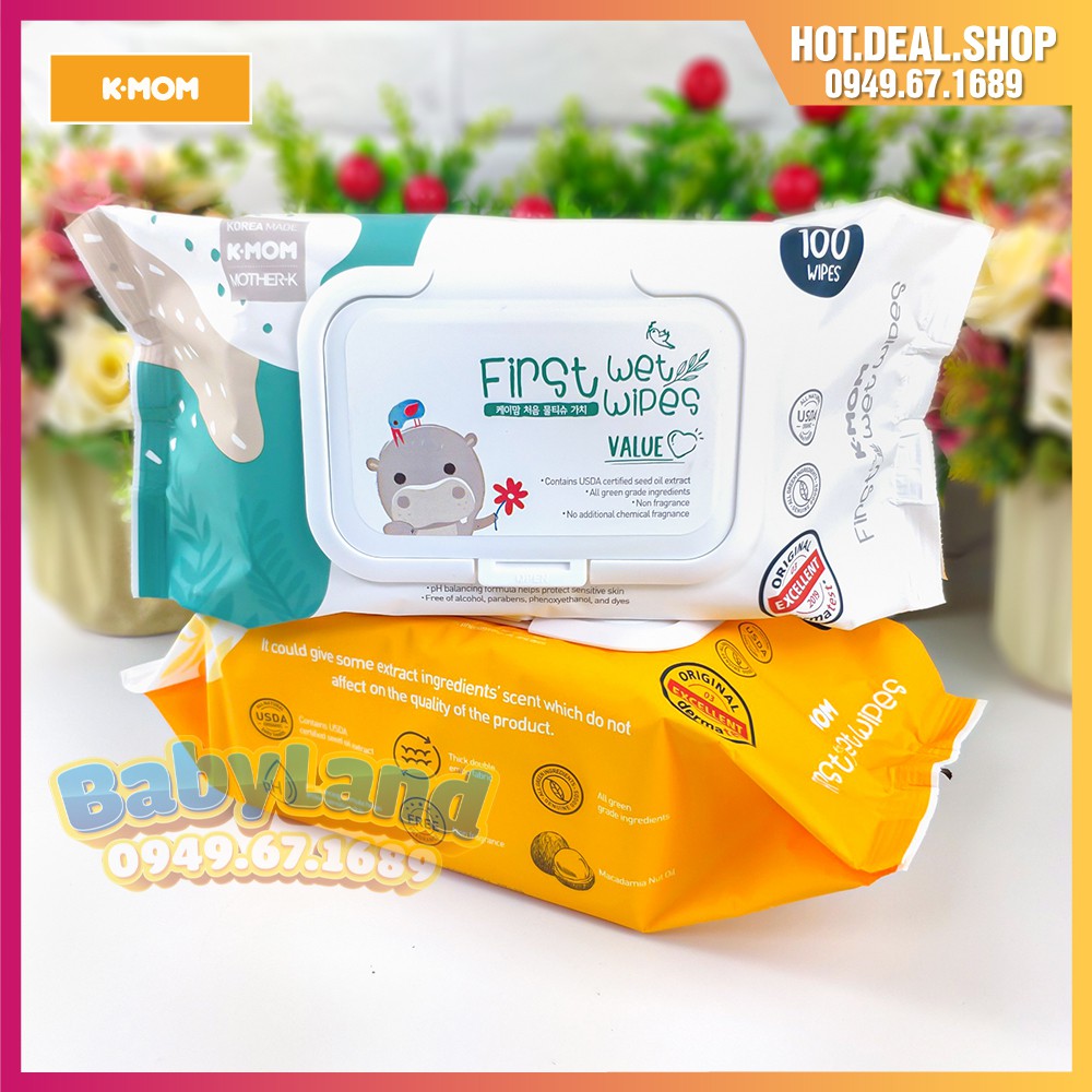 [Chính Hãng] Khăn ướt cao cấp K-Mom Hàn Quốc First Wet Wipes vân nổi (100c) – Khăn giấy ướt Kmom không mùi