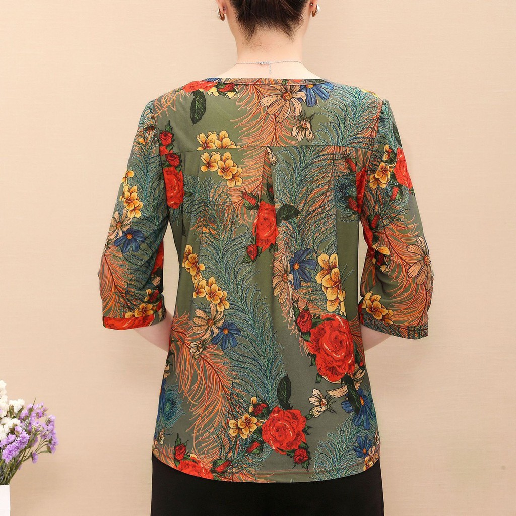 Áo kiểu trung niên nữ, Áo sơ mi họa tiết  đủ size 45-80kg cho mẹ, chất liệu thun cát thoáng mát nhiều màu