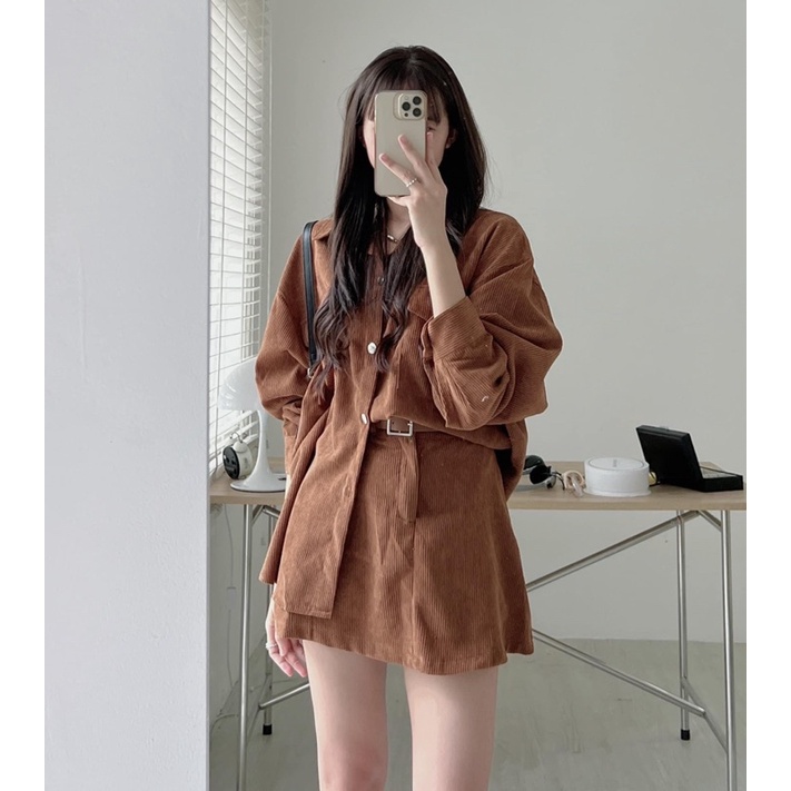 [NEW]SET ÁO TĂM NHUNG MIX CHÂN VÁY KÈM ĐAI DA style Ulzzang