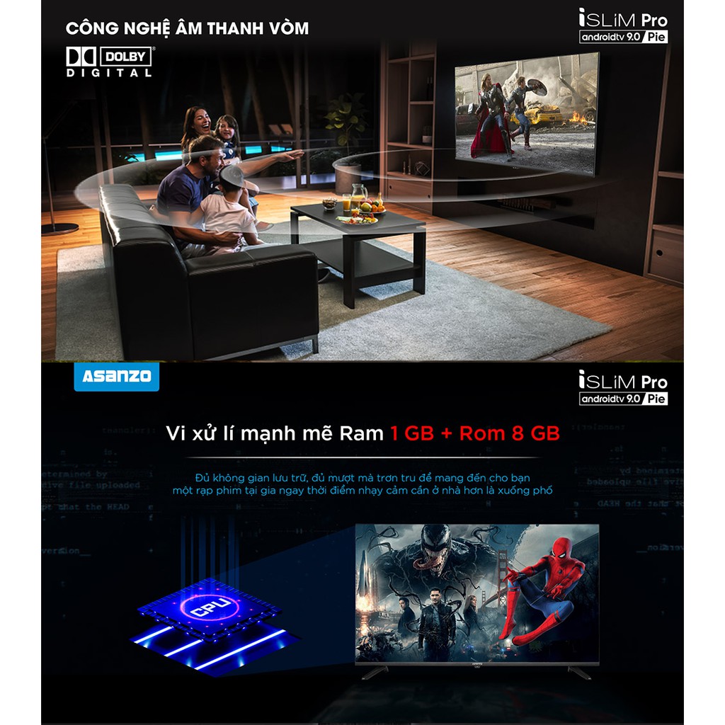 Smart Voice Tivi Asanzo ISlim 50 inch 50SL700 Android 9.0, UHD 4K, Có Remote Giọng Nói, Wifi. DVB-T2, Tivi Giá Rẻ