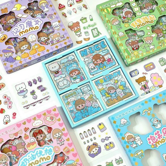 Sticker Momo Bộ 100 Miếng Dán Trang Trí Chống Thấm Nước Họa Tiết Hoạt Hình Dễ Thương