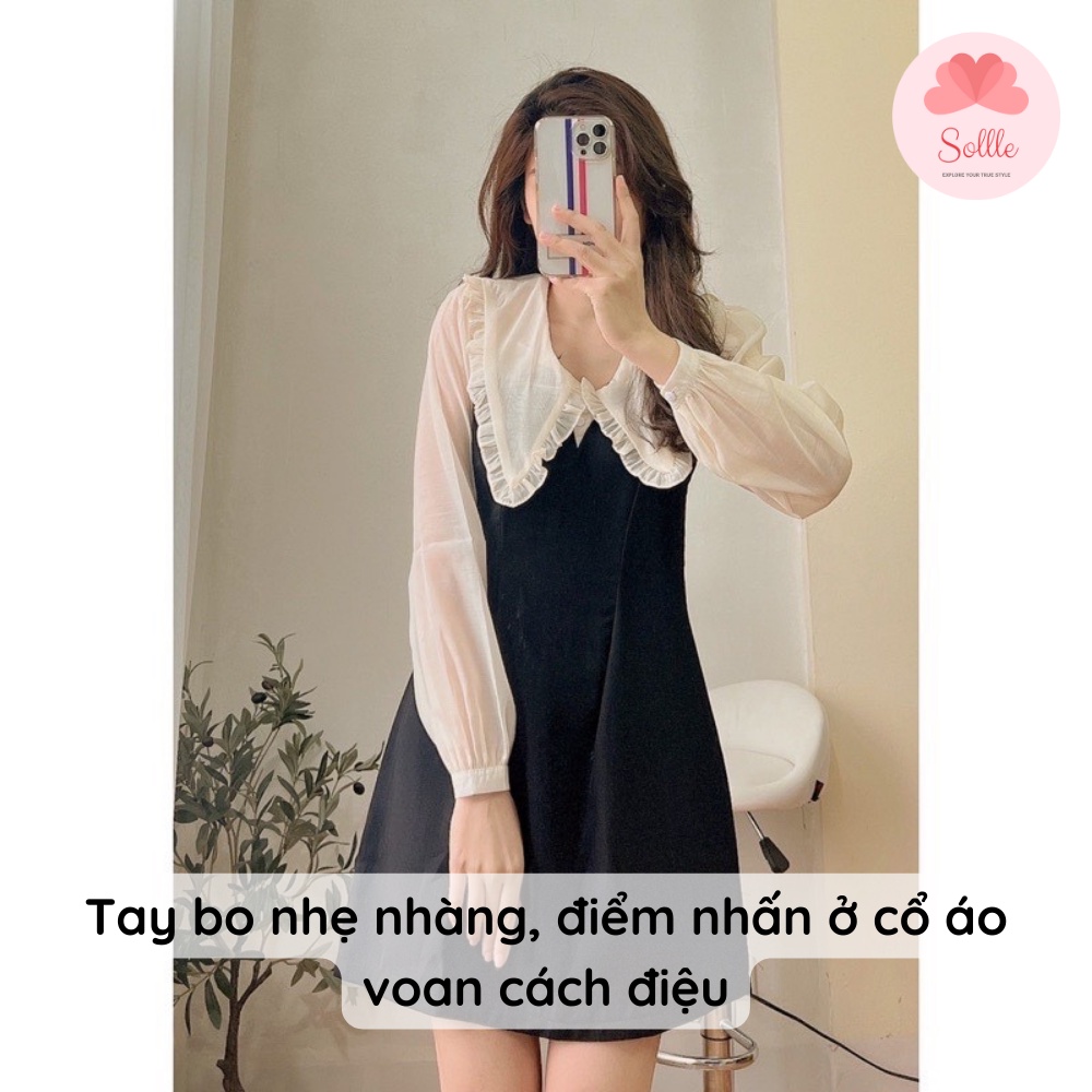 Váy dáng suông A xòe nhẹ đầm tiểu thư cổ bèo phối voan tơ tôn dáng nhẹ nhàng Sollle
