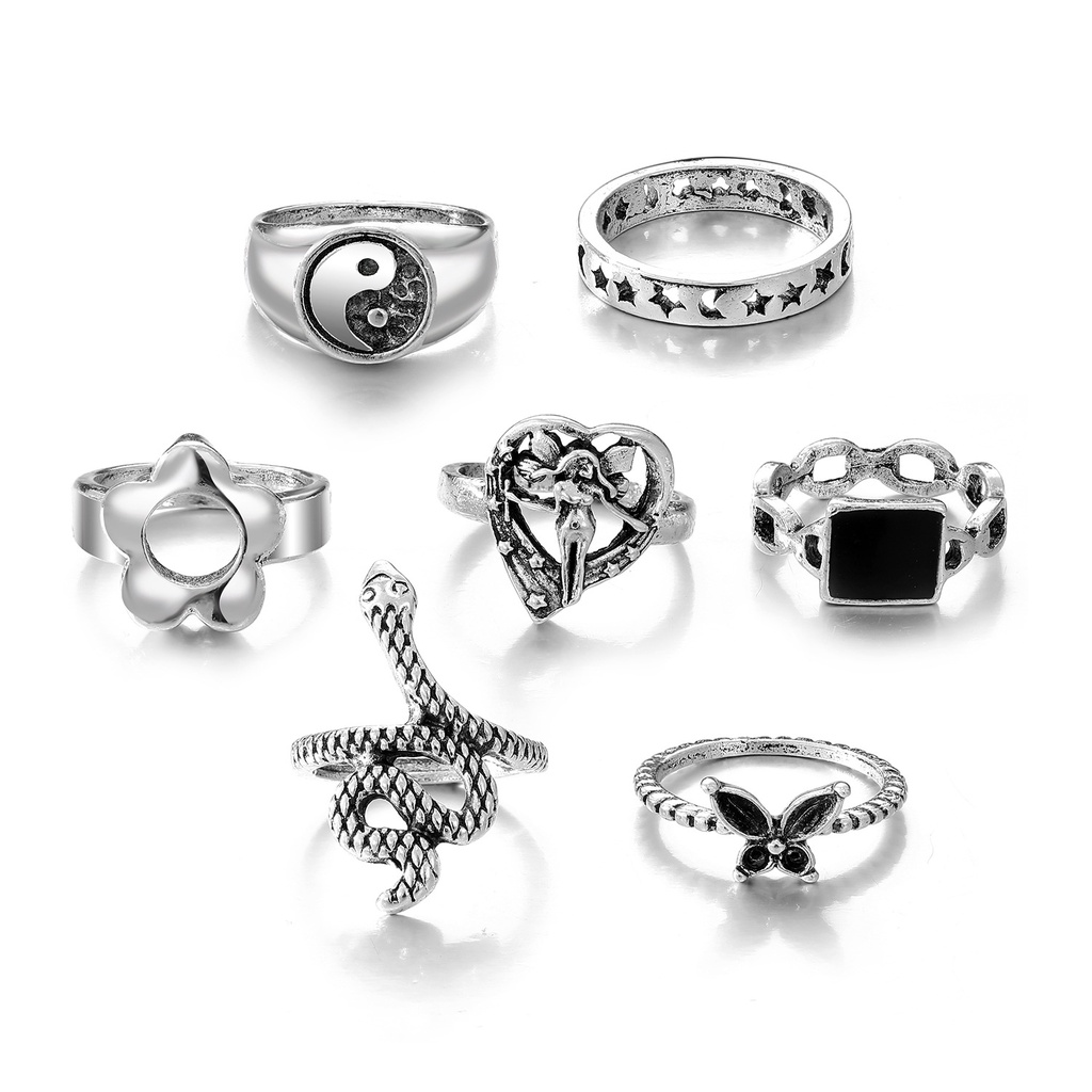 Bộ 7 Nhẫn Hình Vuông Họa Tiết Hoa/Bướm/Bướm/Mặt Trăng/Rắn