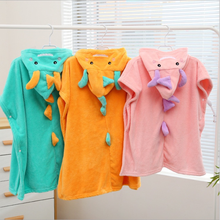 Khăn Choàng Tắm Bằng Vải Nhung San Hô Thoáng Khí Thấm Hút Thoáng Khí In Hoạt Hình Khủng Long Pikachu Đáng Yêu Cho Bé