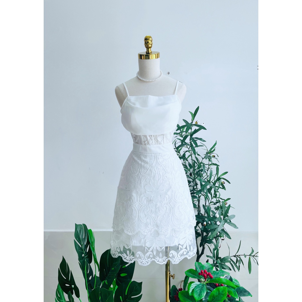 Đầm xuka đầm đi tiệc , đi đám cưới đầm ren trắng phối voan kiểu dáng thanh lịch ,gợi cảm