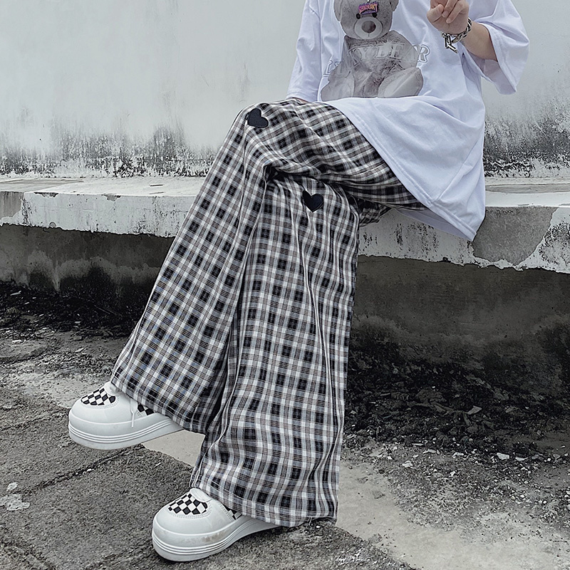 Harajuku style wide leg pants lovers Plaid straight pants men's and women's casual pants