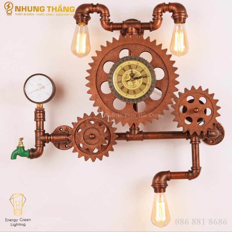 Đèn Tường Retro DT-0218 - Bánh Răng , Đồng Hồ Chuyển Động Cùng Đèn - Kiểu Dáng Cổ Điển - Tặng Kèm 3 Bóng T64