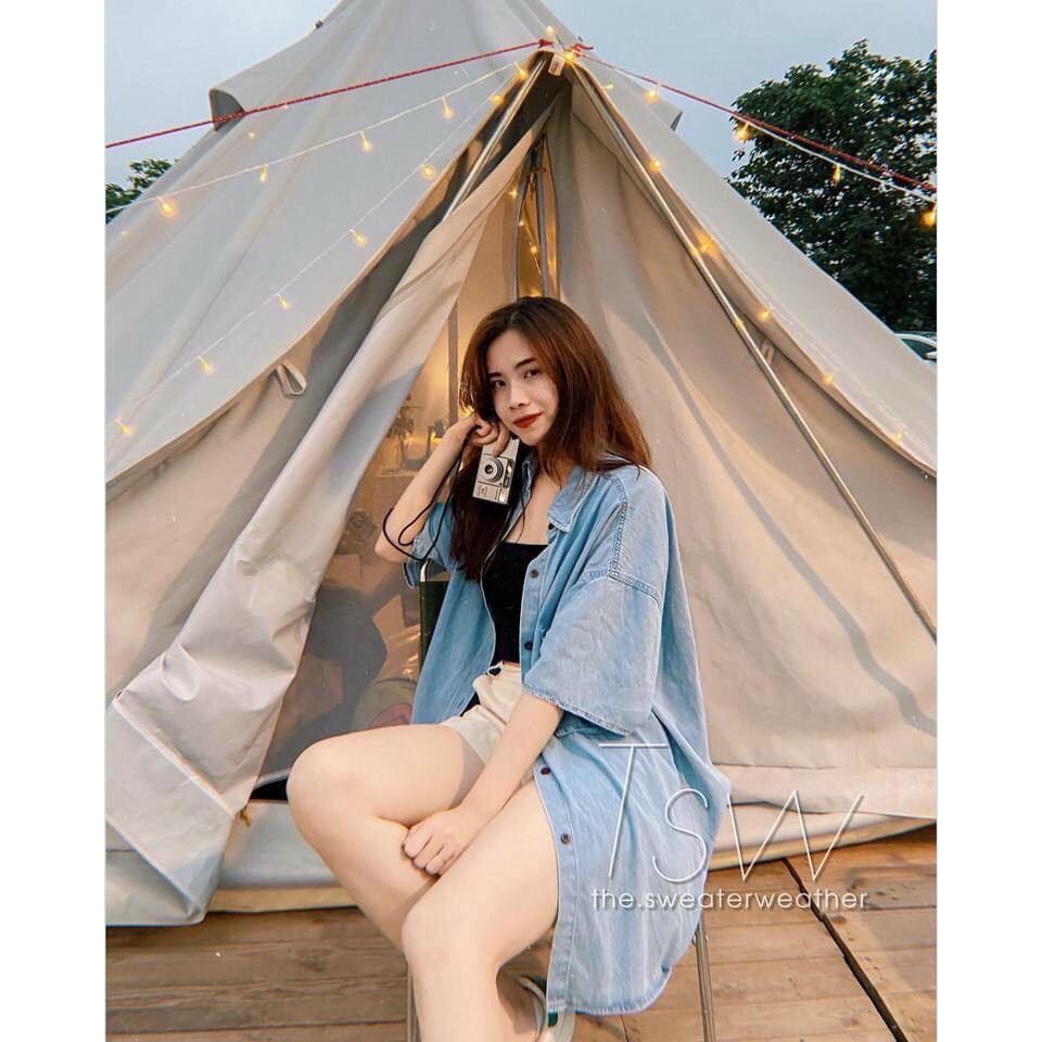 Áo sơ mi denim unisex tay lỡ - Áo sơ mi jean bò xanh form thụng tay lỡ chất siêu đẹp dáng oversize mặc đôi nam nữ