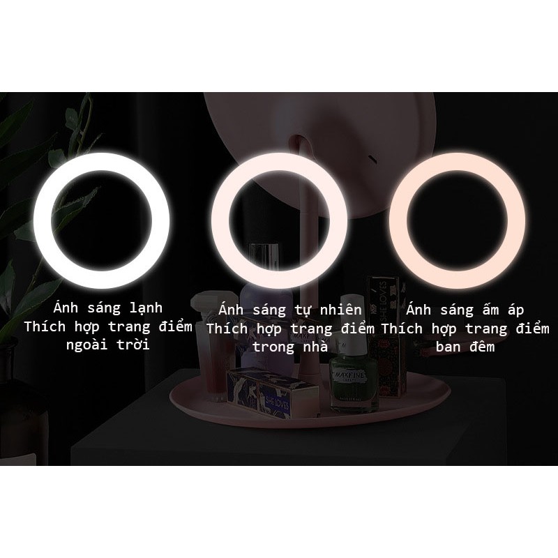 Gương trang điểm để bàn đèn LED cao cấp, Gương trang điểm 3 chế độ ánh sáng, Cáp sạc USB, Màn hình cảm ứng